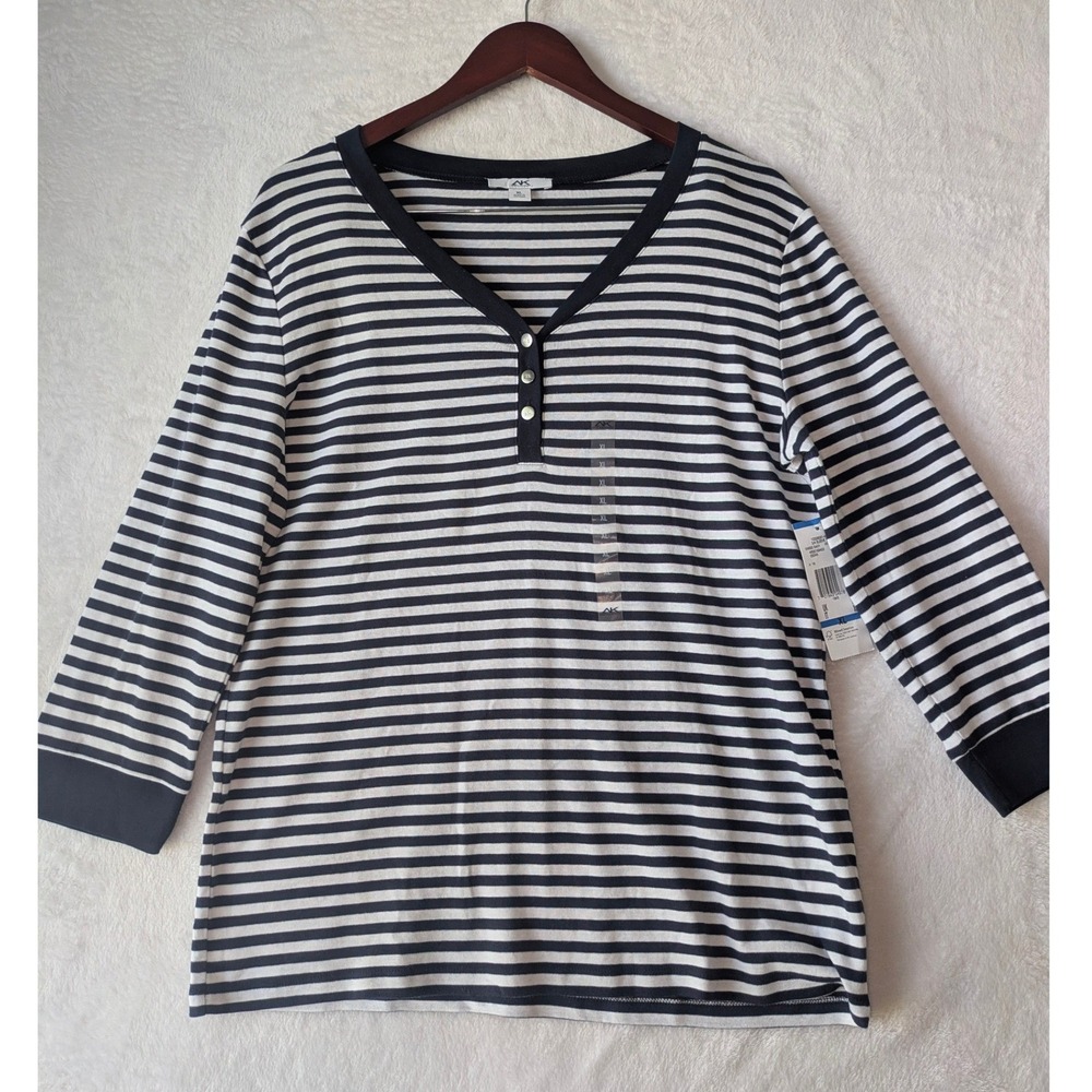 Anne Klein Sport Henley Top Women XL Navy White NWT Striped 3/4 Sleeve V-Neck